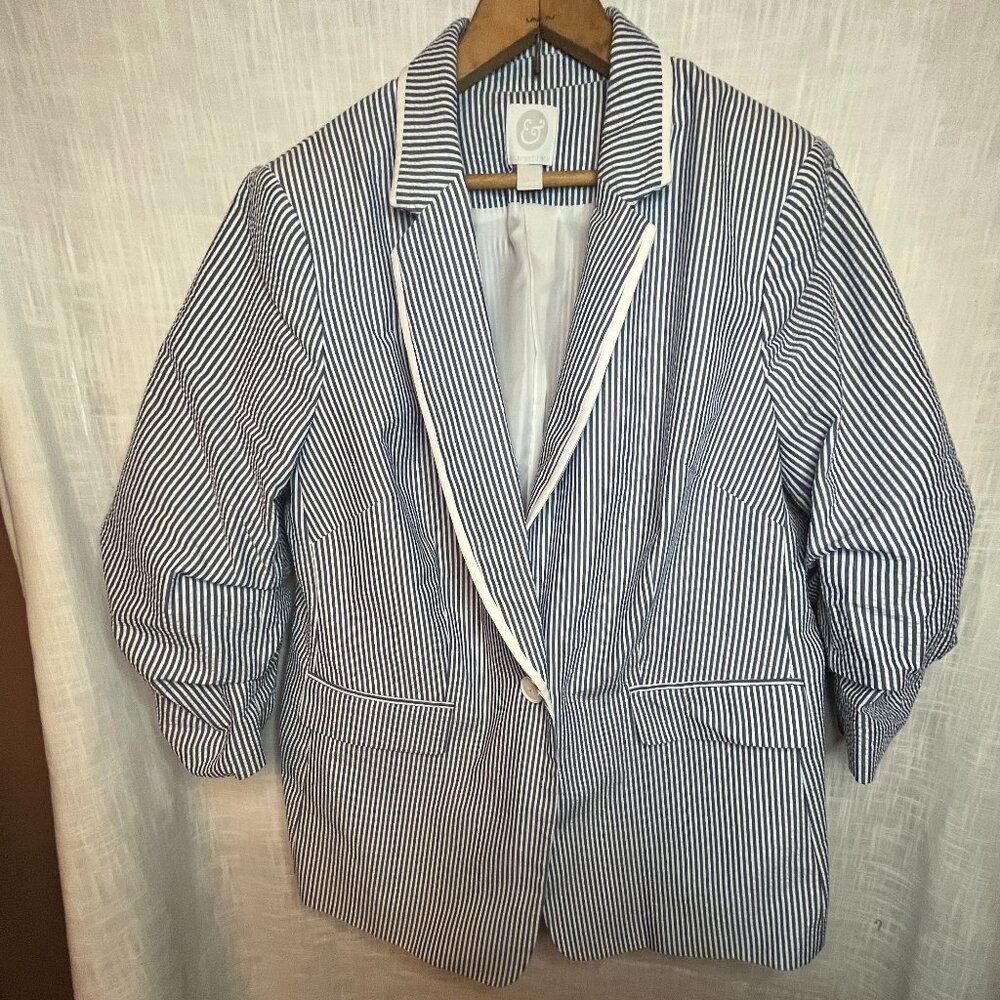 Kilburne & Finch Seersucker women’s 1X Blue White Blazer Jacket 3/4 sleeve prep